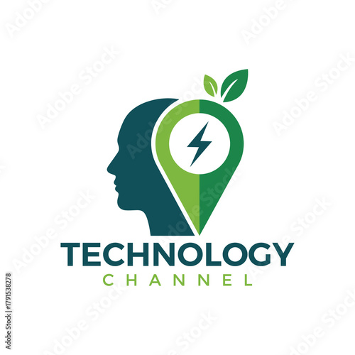 Technology channel logo featuring a head silhouette, a green location pin, and a lightning bolt