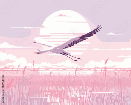 Pássaros voando em vetor sobre paisagem de lago com vegetação e um sol suave ao amanhecer ou entardecer.