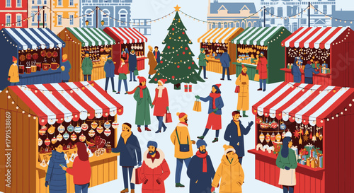 Festive outdoor Christmas market with people shopping at stalls around a decorated tree in a town square.