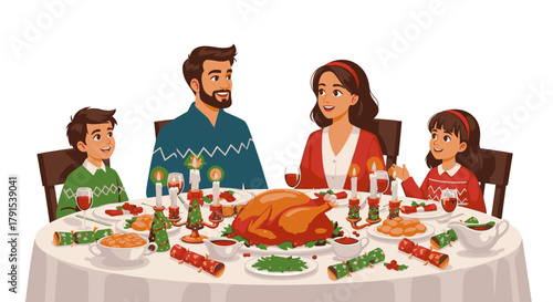 A happy family of four enjoying a festive Christmas dinner with a roasted turkey and traditional trimmings.