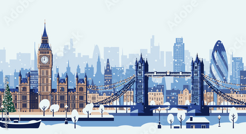 Winter in London with Big Ben, Tower Bridge, and the Gherkin covered in snow.