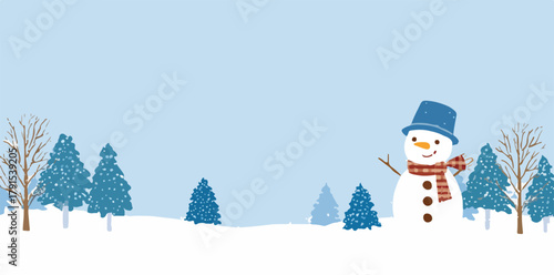 Boneco de neve sorridente em paisagem de inverno com árvores e neve caindo, ilustração vetorial