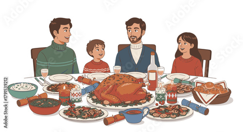 A family gathers around a table laden with a festive holiday feast, enjoying each other's company.