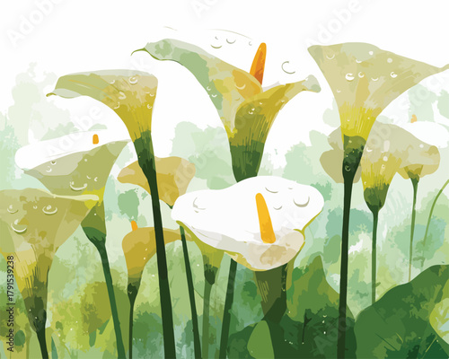 Vetor de lírios brancos e amarelos com gotas de água em aquarela suave e fundo verde