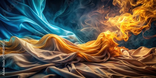 Abstract Drapery Composition Featuring Golden and Teal Fabric with Smoky, Ethereal Effects