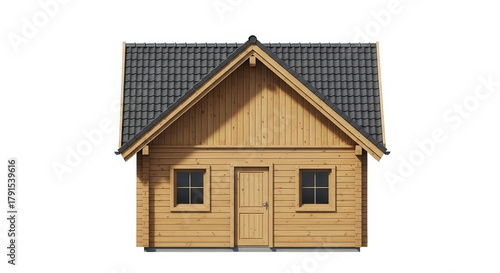 Small wooden garden shed with dark tiled roof and gabled front isolated on transparent background