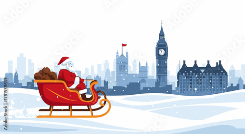 Santa Claus in his sleigh with presents, flying over a snowy London skyline featuring Big Ben during Christmas.