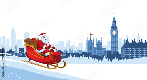 Santa Claus in his sleigh flying over London, with Big Ben in the background.