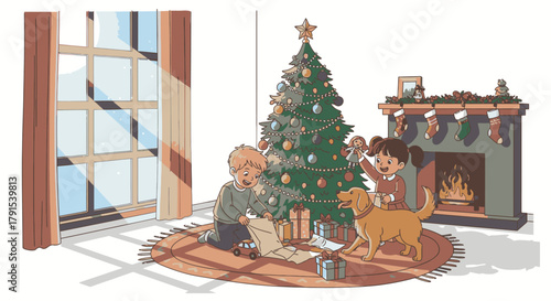 Children and a dog celebrating Christmas morning with a decorated tree and fireplace.