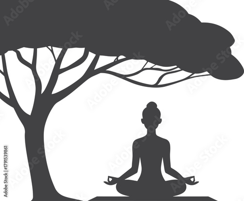 Serene Meditation Under a Tree: A silhouette of a person practices yoga, sitting in meditation under the shade of a large tree, representing tranquility, mindfulness.