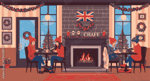 Cozy winter cafe scene with people enjoying drinks and a fireplace decorated for the holidays.