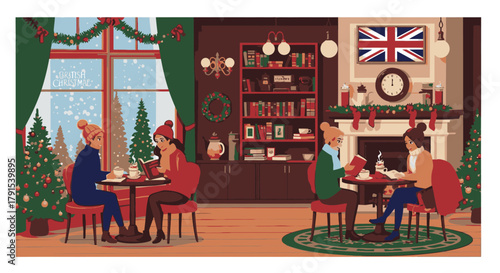 Cozy British cafe during Christmas with people reading books by a fireplace and a snowy window.
