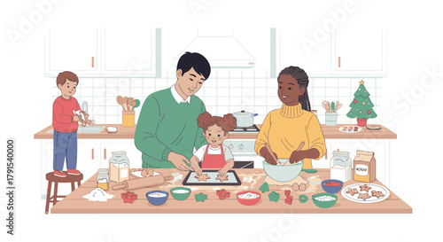 Family baking Christmas cookies together in a bright, cozy kitchen.