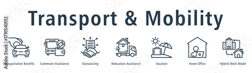 Transport and mobility web banner icon vector illustration concept with icon of transportation benefits, commuter assistance, outsourcing, relocation assistance, vacation, home office, and hybrid work