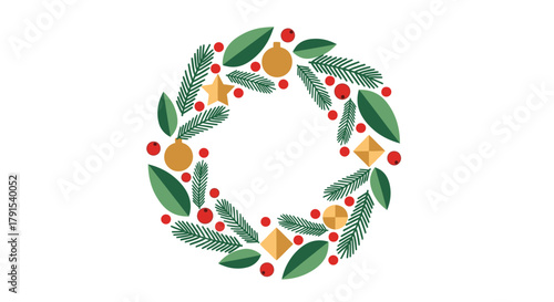 A festive Christmas wreath adorned with pine needles, red berries, golden baubles, and star ornaments on a white background.