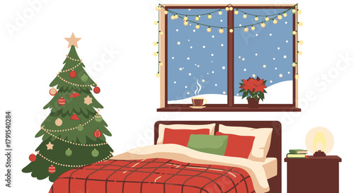 Cozy bedroom scene with a decorated Christmas tree and a snowy window view.