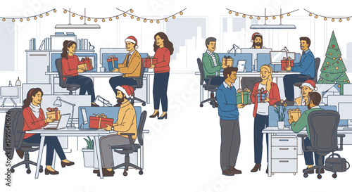 Office Christmas party scene with people exchanging gifts, decorated with festive lights and a tree.