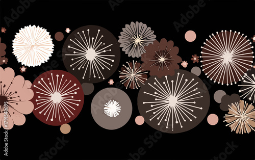 Padrão floral abstrato em vetor com flores estilizadas e círculos em tons terrosos sobre fundo preto.