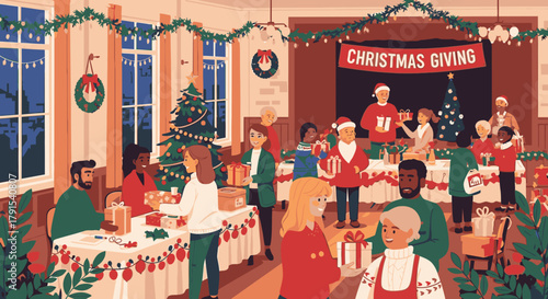 Christmas Giving event with people exchanging gifts in a decorated hall.
