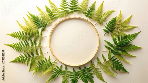 Circular Frame Encircled by Lush Green Fern Fronds, Botanical Arrangement, Nature Inspired Design