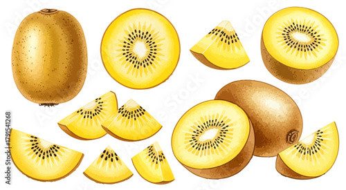 水彩のゴールデンキウイフルーツイラストセット,サンゴールドキウイ,果物,断面,スライス,デザート,手描き,ベクター