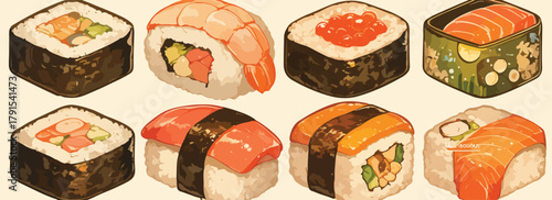 Ilustração vetorial de diversos tipos de sushi e rolls japoneses, com salmão, camarão e ovas.