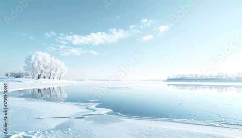 雪原と凍った水面の冬風景｜4Kリアリスティック・ミニマリスト・コピースペース付き
``