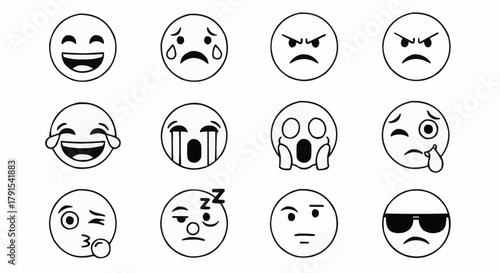 Set of various hand drawn emoji faces expressing different emotions.