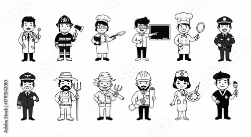 Diverse professions illustration showcasing various occupations and careers in society.