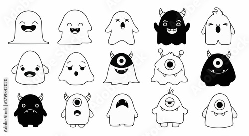 Collection of Cute Cartoon Monsters and Ghosts with Various Expressions.