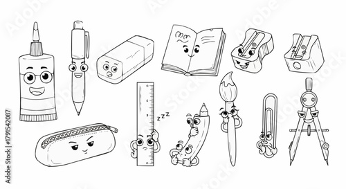 Adorable Cartoon School Supplies Characters with Cute Faces Line Art.