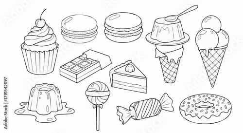 Collection of Hand Drawn Desserts and Sweets in Outline Style.