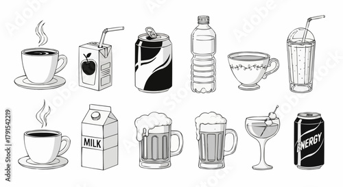 Variety of Beverages in Black and White Illustration.
