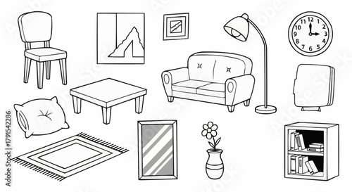 Living room furniture arrangement with chair, sofa, table, and decor.