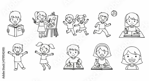 Set of Hand Drawn Doodle Children Characters for Coloring Book.