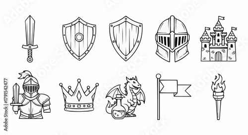 Medieval Fantasy Icons Set Knightly Symbols and Creatures.