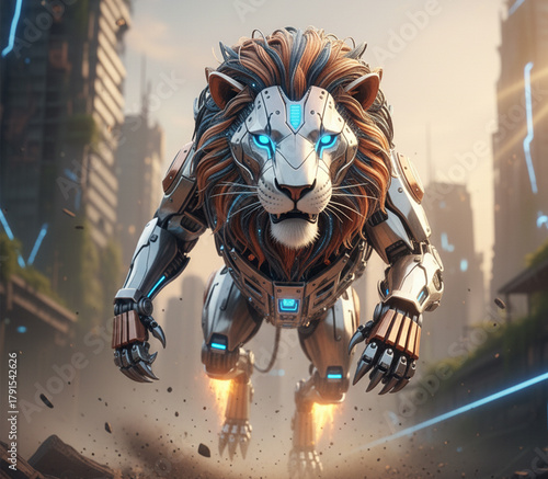 Futuristic, robotic lion with a vibrant mane soars through a cityscape with glowing blue accents.