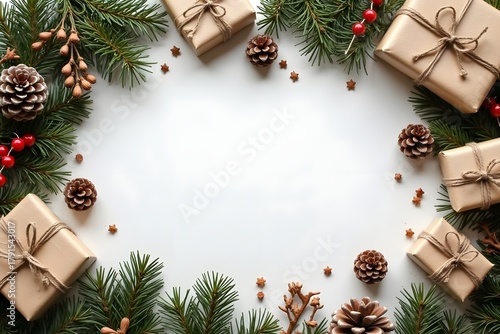 simple Top view of a rustic Christmas card setup with natural decorations, pine branches, and wrapped gifts emphasizing festive and organic theme