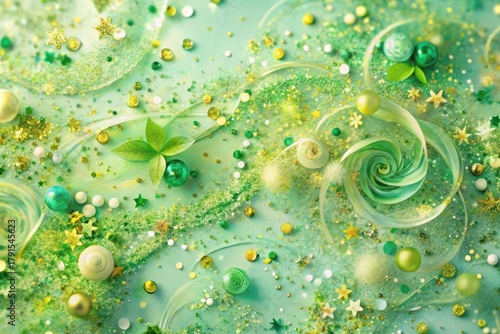 Abstract Green Whimsical Composition Featuring Delicate Spirals, Gleaming Beads, and Lush Greenery