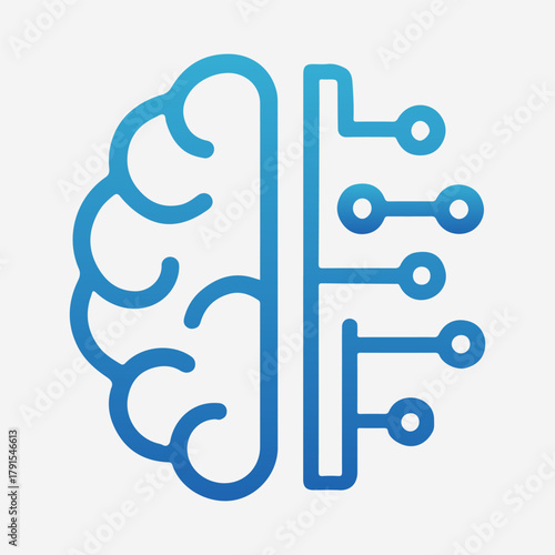 Gradient Blue Icon of a Human Brain Intersecting with Digital Circuitry Representing AI and Technology