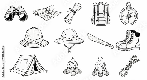 Collection of camping and exploration gear for outdoor adventures.