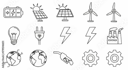 Energy sources and sustainable power generation icons.