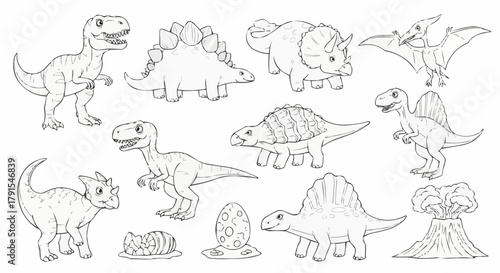 Dinosaur Outlines - Prehistoric Creatures in Black and White.