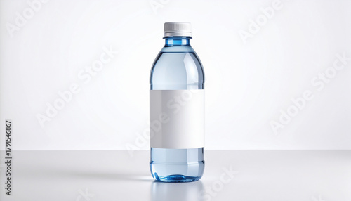 Small clear plastic water bottle with a white cap and a blank rectangular label, set against a bright, clean background. Beverage packaging template.