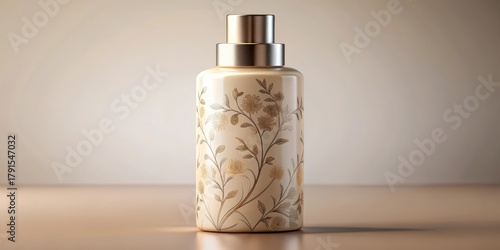 Elegant Cream Bottle with Delicate Floral Design and Metallic Cap, Perfect for Luxurious Product Presentation