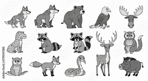 Collection of Diverse Wild Animals in Cartoon Style.