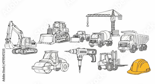 Construction Vehicles and Equipment with Safety Helmet Sketch.