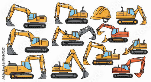 Collection of Yellow and Orange Excavators and Construction Equipment.