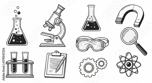 Hand drawn collection of science and chemistry laboratory icons.