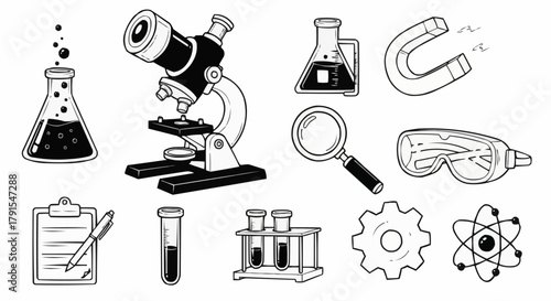Science Equipment and Tools - Microscope, Beakers, Magnet, and More.